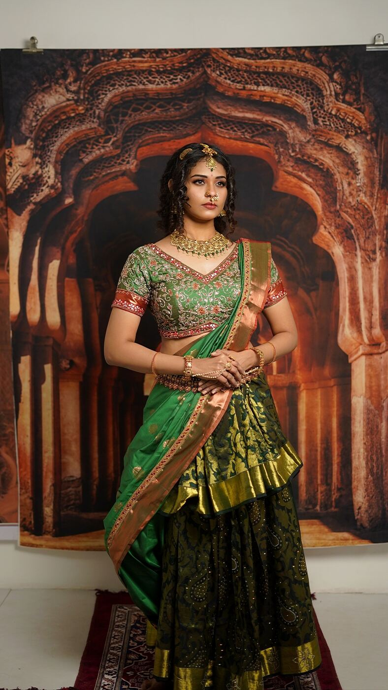 Traditional bride in green half saree, a look taught at Blossom Makeup Academy