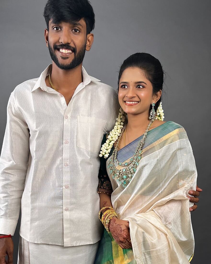 Groom makeover with bride in cream silk saree, Madurai