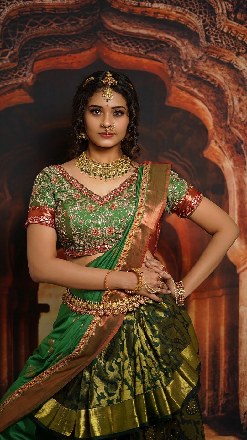Traditional South Indian bride in green silk half saree after HD bridal makeup by Blossom, Madurai